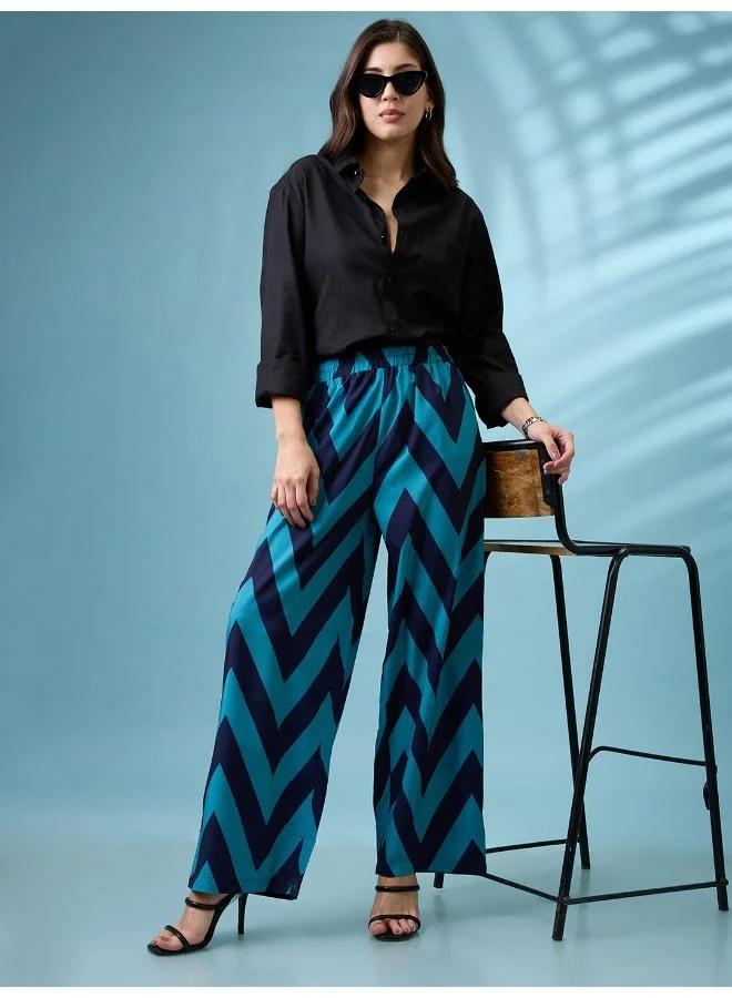 globus Globus Women Navy Blue Chevron Print Mid Rise Elasticated Wide Leg Trousers